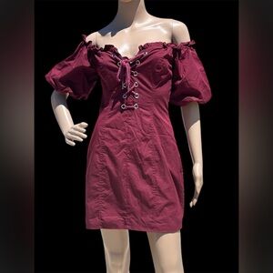 I.Am.Gia Alya Corset Milk Maid Flirty Balloon Sleeve Mini Dress Deep Red Women S